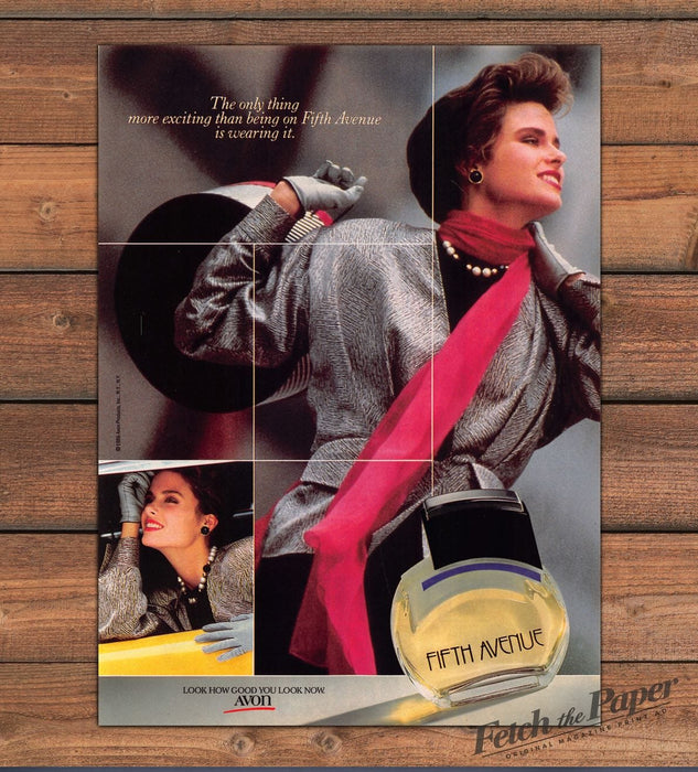 Avon Fifth Avenue Perfume Woman Silver Coat Scarf Print Ad 1986 1980s