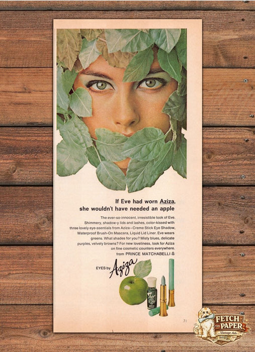 Aziza Eye Shadow Mascara Liner Eve Leaves Green Apple Print Ad 1966 1960s