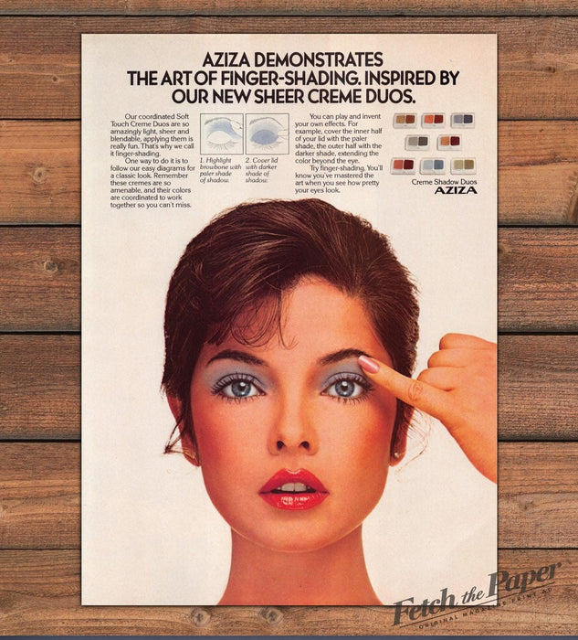 Aziza Finger-Shading Sheer Creme Eyeshadow Duos Close-Up Print Ad 1981 1980s