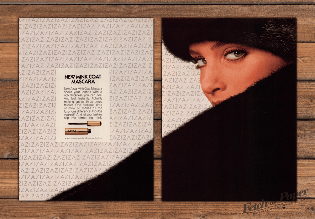 Aziza Mink Coat Mascara Black Fur Hat Eyes Print Ad 1985 1980s (2pgs)