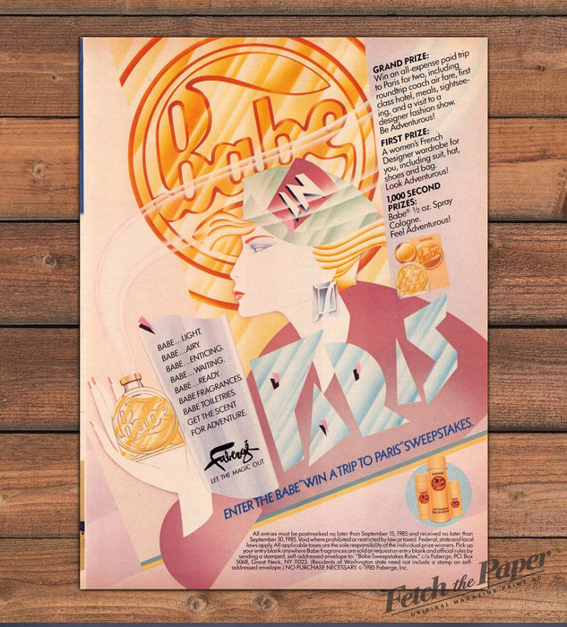 Babe Faberge Win A Trip To Paris Sweepstakes Art Deco Style Print Ad 1985 1980s