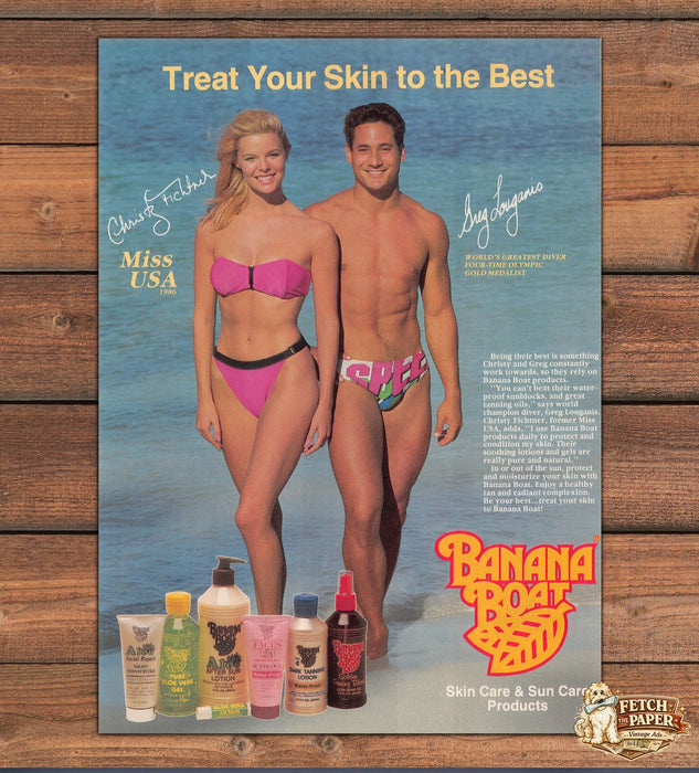 Banana Boat Christy Fichtner Greg Louganis Beach Bikini Print Ad 1989 1980s