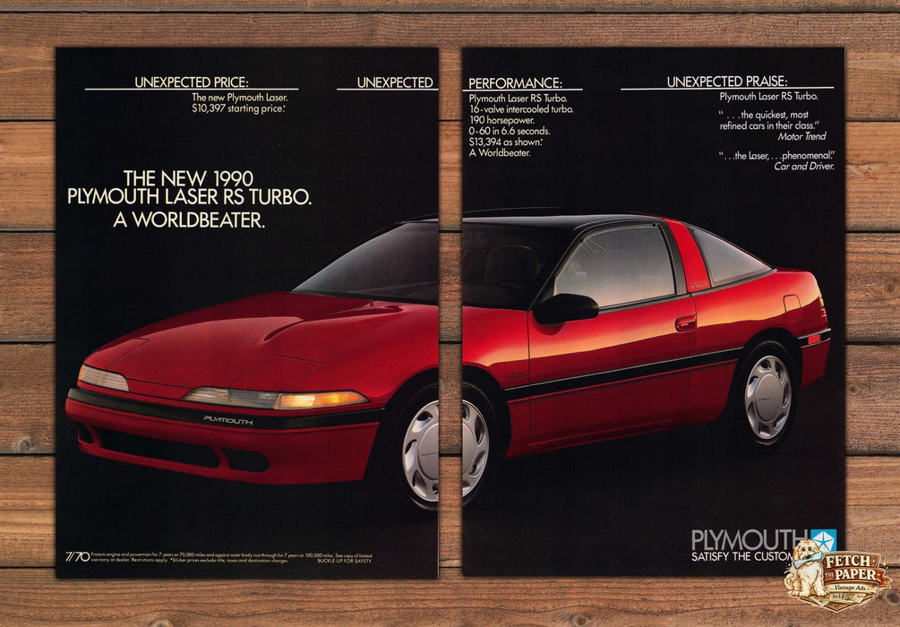 Plymouth Laser RS Turbo Red Sports Coupe Worldbeater Print Ad 1989 1980s (2 pgs)
