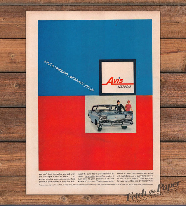 Avis Rent-a-Car What A Welcome Wherever You Go Ford Blue Red Print Ad 1959 1950s