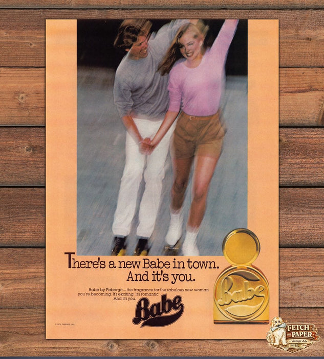 Babe Faberge Perfume Couple Ice Skating Bare Legs Compact Print Ad 1979 1970s