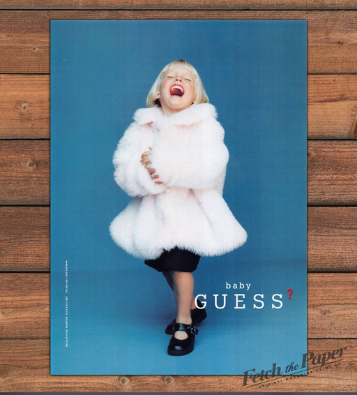 Baby Guess Girl Pink Fur Coat Laughing Blue Backdrop Print Ad 1997 1990s
