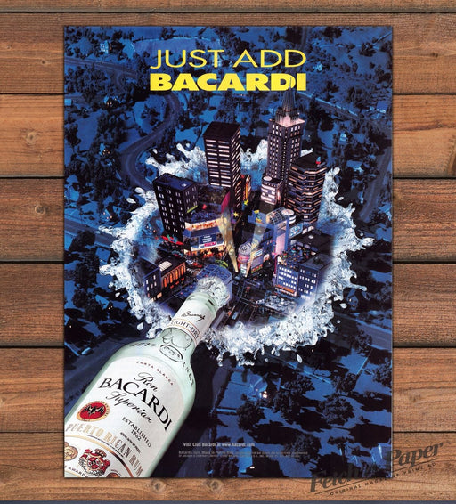 Bacardi Rum Just Add Bacardi Night City Splash Bottle Print Ad 1997 1990s