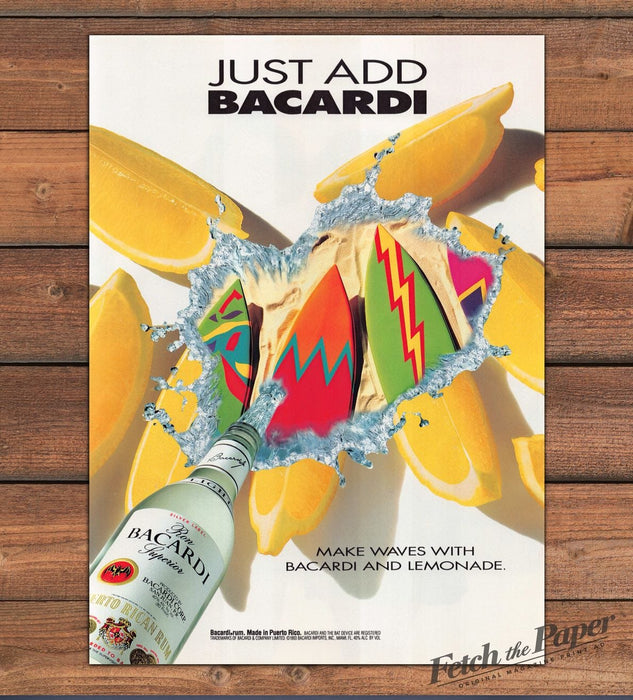 Bacardi Rum Just Add Bacardi Surfboards Lemons Lemonade Print Ad 1993 1990s