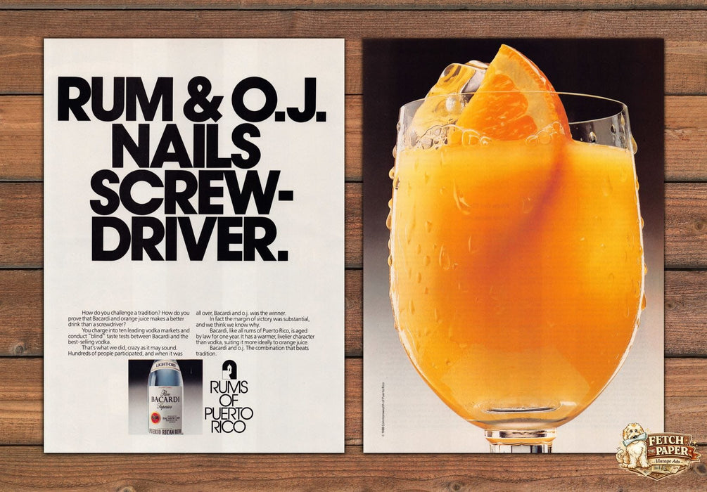 Bacardi Rum O.J. Nails Screwdriver Cocktail Orange Print Ad 1988 1980s (2pgs)
