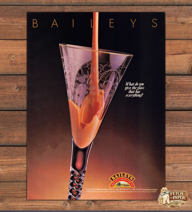 Baileys Irish Cream Etched Crystal Glass Amber Pour Print Ad 1988 1980s