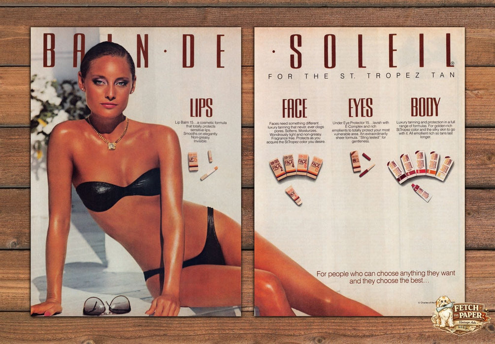 Bain de Soleil 1980s Magazine Print Advertisement (2 pages) 1985 St. Tropez Tan