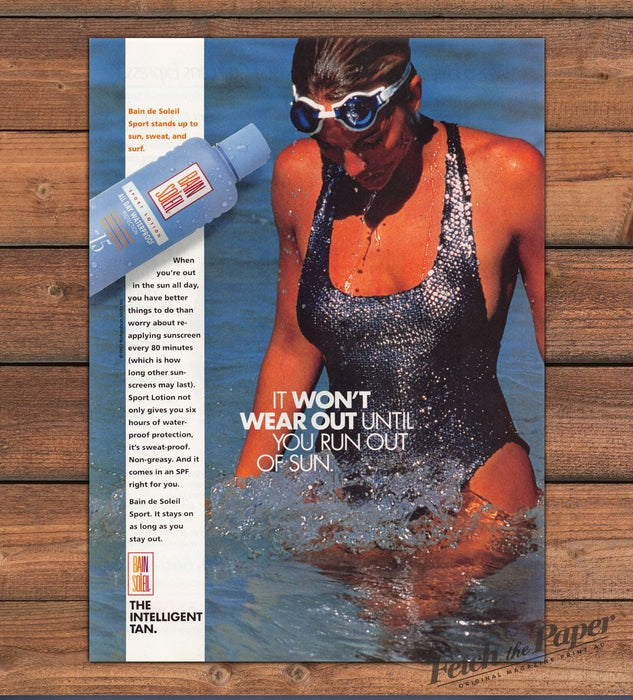 Bain de Soleil Sport Lotion SPF 15 Swimsuit Woman Goggles Print Ad 1992 1990s