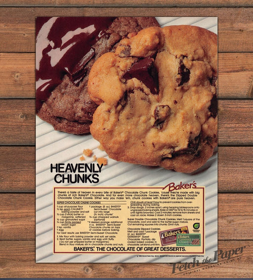 Baker's Chocolate Chunk Cookies Recipe Heavenly Chunks Print Ad 1987 1980s