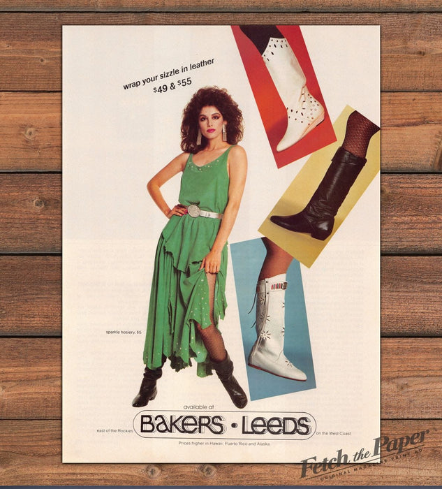 Bakers Leeds Green Dress Leather Boots Fringe Fashion Print Ad 1986 1980s