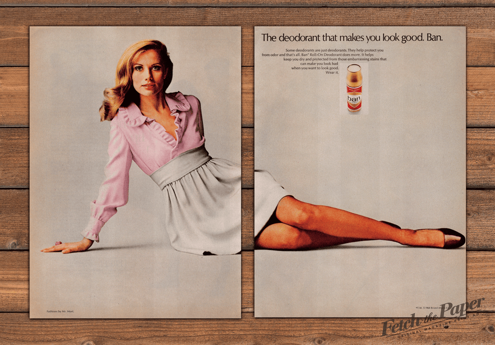 Ban Deodorant Woman Pink Dress Bare Legs Red Shoes Print Ad 1968 1960s (2pgs)