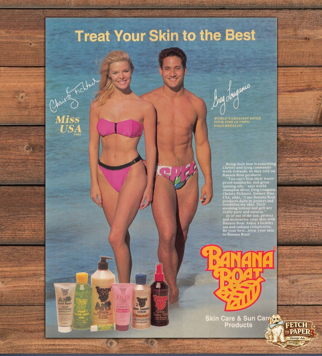 Banana Boat Christy Fichtner Greg Louganis Beach Bikini Print Ad 1989 1980s