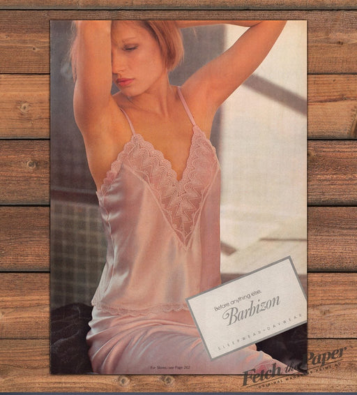 Barbizon Sleepwear Pink Satin Lace Camisole Slip Blonde Bob Print Ad 1985 1980s