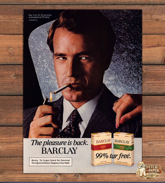 Barclay Cigarettes 99% Tar Free Pleasure is Back Print Ad 1981 1980s