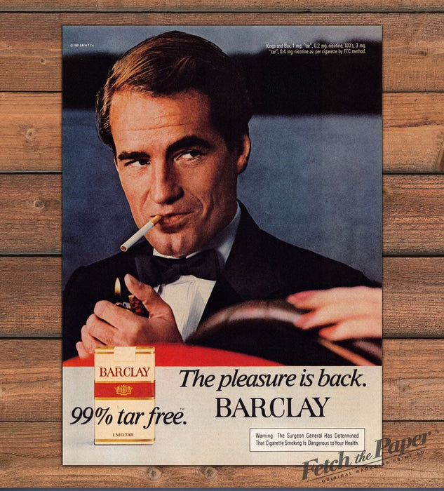 Barclay Cigarettes 99% Tar Free Tuxedo Man Lighting Up Car Print Ad 1981 1980s