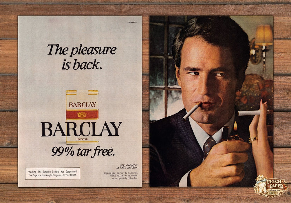 Barclay Cigarettes Man Lighter Pleasure Is Back Print Ad 1981 1980s (2 pgs)