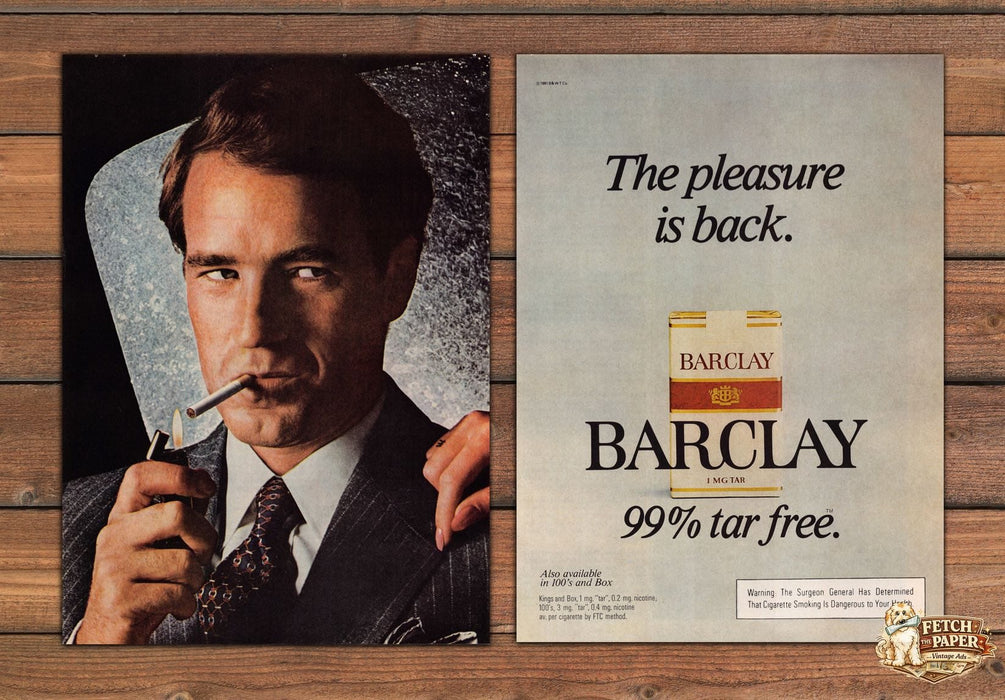 Barclay Cigarettes The Pleasure Is Back 99 Tar Free Print Ad 1981 1980s (2 pgs)