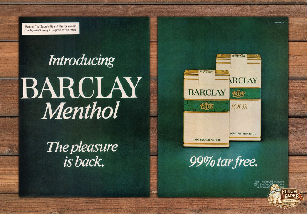 Barclay Menthol Cigarettes 99% Tar Free Print Ad 1981 1980s