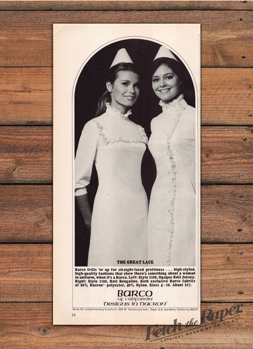 Barco Nurse Uniform Dress White Cap Great Lace Two Women Print Ad 1968 1960s