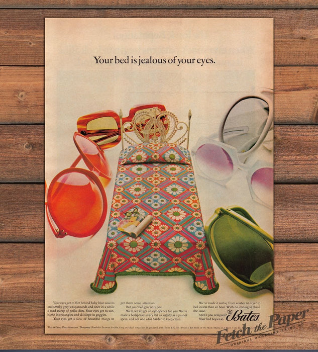 Bates Crazy Dazy Bedspread Daisy Print Sunglasses Bed Print Ad 1968 1960s