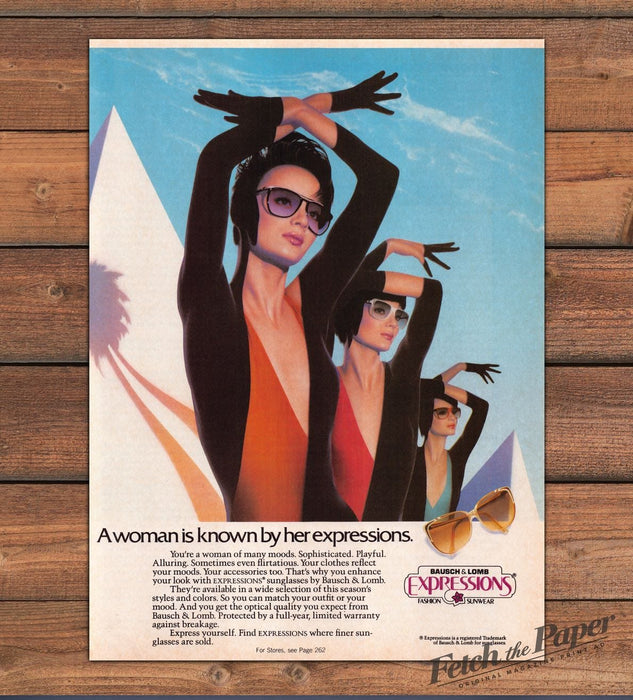 Bausch & Lomb Expressions Sunglasses Black Bodysuit Gloves Print Ad 1985 1980s
