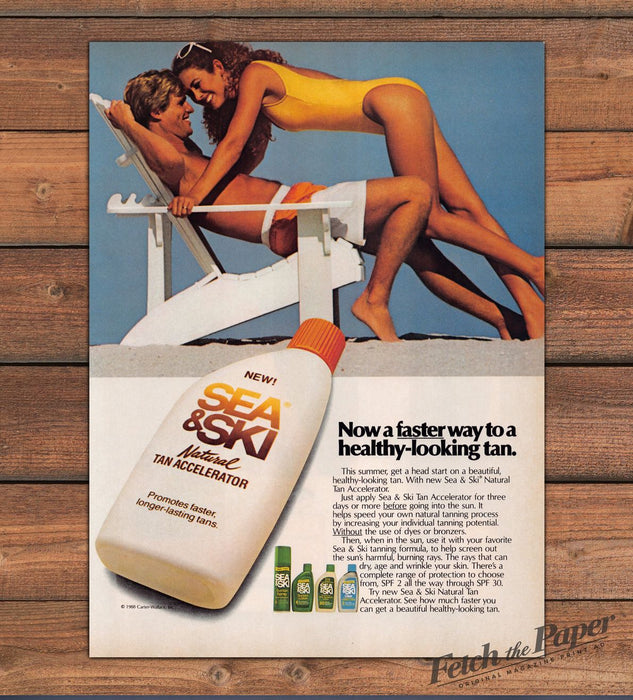 Sea & Ski Natural Tan Accelerator Couple Beach Chair Yellow Print Ad 1988 1980s