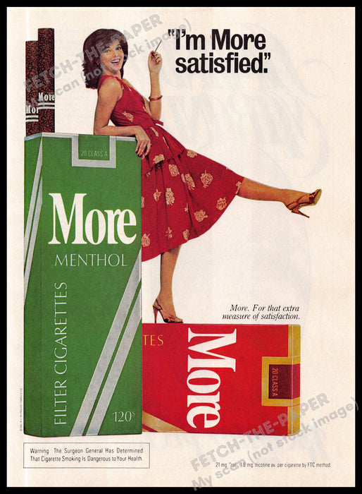 More Menthol "I'M More Satisfied" Legs Kicking 1980s Magazine Print Ad 1981