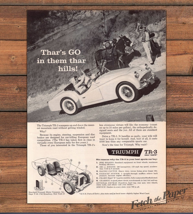 Triumph TR-3 Sports Car Thar's Go In Them Thar Hills Print Ad 1959 1950s