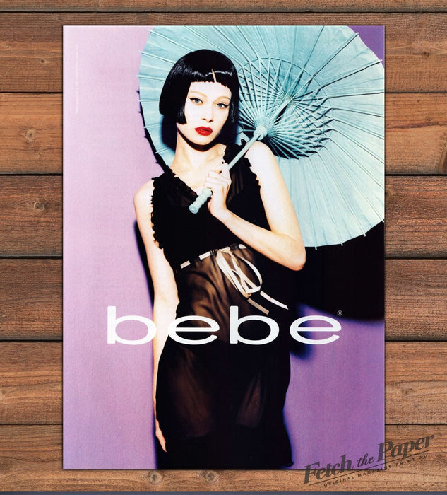 Bebe Model Black Bob Blue Parasol Sheer Black Dress Purple Print Ad 1997 1990s