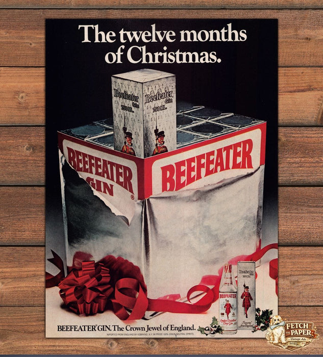 Beefeater Gin Twelve Months Christmas Gift Box Ribbon Print Ad 1979 1970s