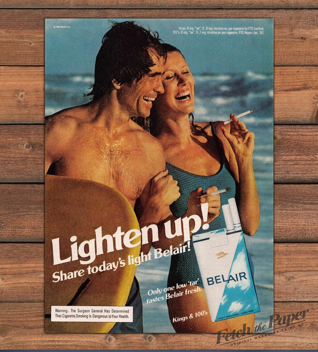 Belair Cigarettes Couple Beach Surfboard Swimsuit Print Ad 1981 1980s