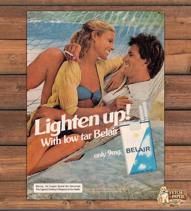 Belair Cigarettes Lighten Up Low Tar Beach Couple Print Ad 1981 1980s
