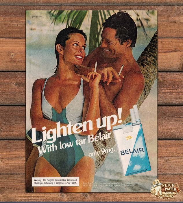 Belair Cigarettes Lighten Up Low Tar Menthol Couple Beach Print Ad 1981 1980s