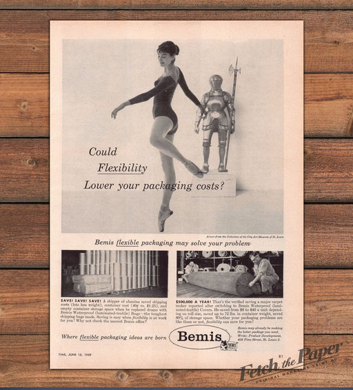 Bemis Packaging Ballerina Suit Of Armor Flexibility Legs Print Ad 1959 1950s