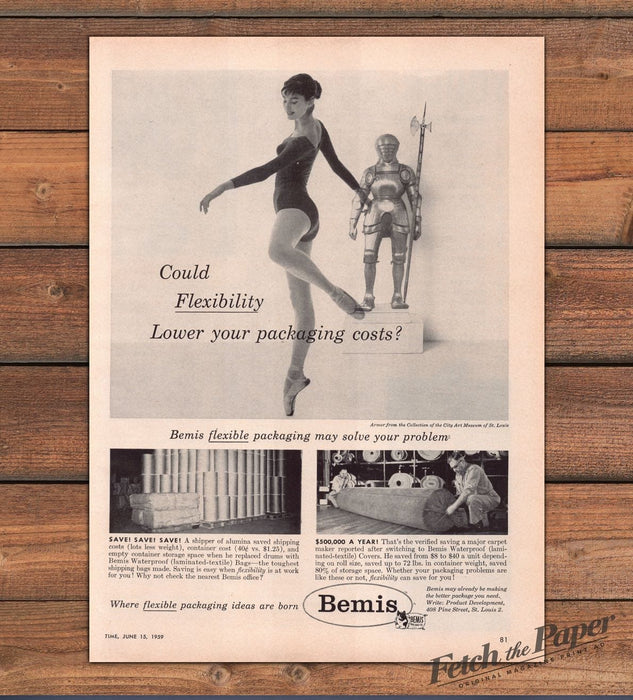 Bemis Packaging Ballerina Suit Of Armor Flexibility Legs Print Ad 1959 1950s