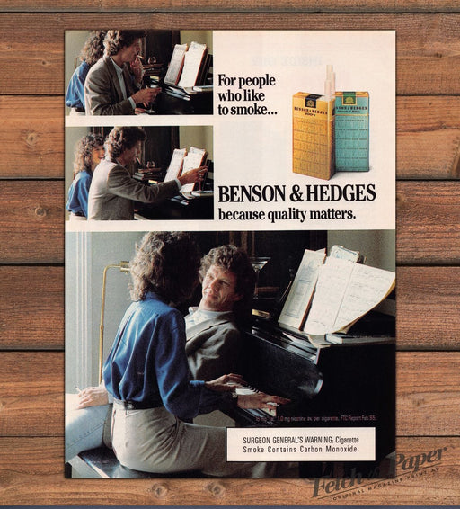 Benson & Hedges 100's Cigarettes Couple Playing Piano Print Ad 1987 1980s