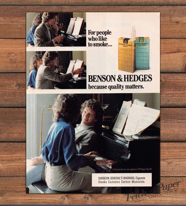 Benson & Hedges 100's Cigarettes Couple Playing Piano Print Ad 1987 1980s