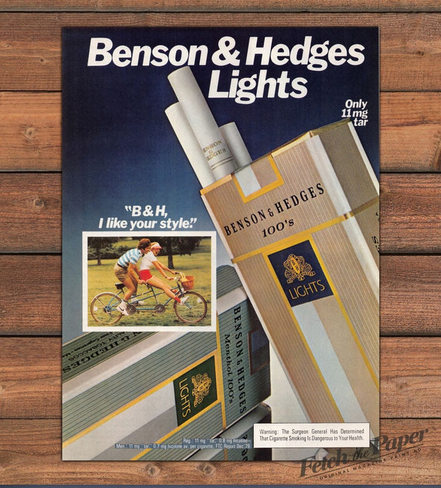 Benson Hedges Lights Cigarettes Tandem Bicycle Couple Print Ad 1980 1980s