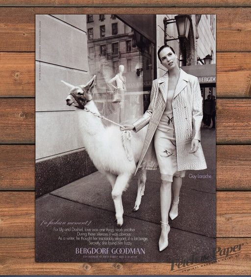 Bergdorf Goodman Black & White Model Leading Llama Print Ad 1998 1990s
