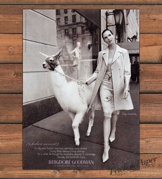 Bergdorf Goodman Black & White Model Leading Llama Print Ad 1998 1990s