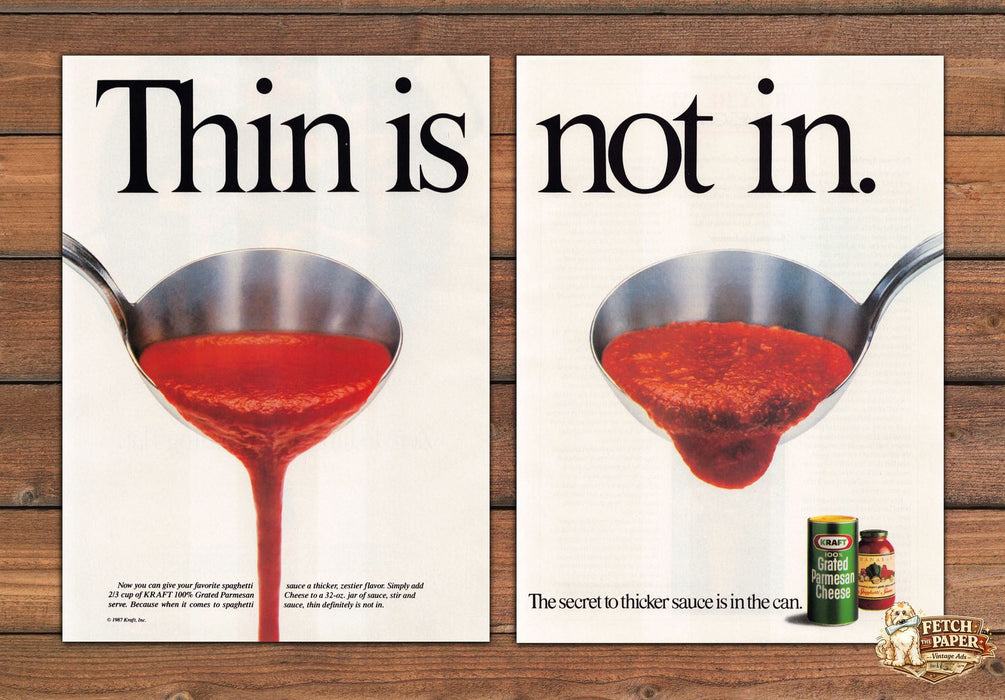 Kraft Parmesan Thin is Not In Spaghetti Sauce Print Ad 1988 1980s (2pgs)