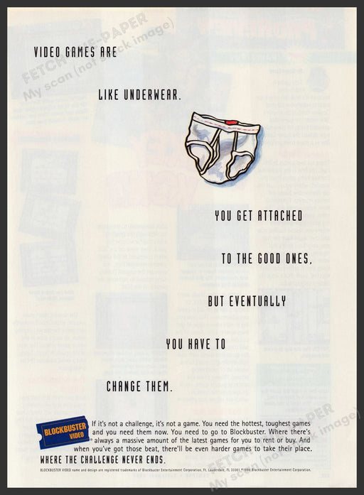 Blockbuster Video Game Rental Underwear 1990s Print Advertisement Ad 1996