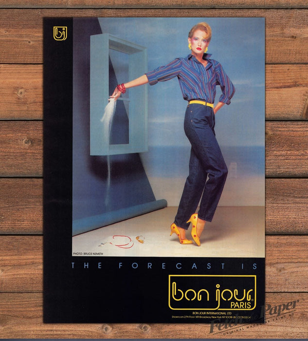 Bon Jour Paris Denim Jeans Yellow Heels Surreal Window Print Ad 1983 1980s