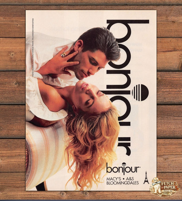 Bonjour Couple Embrace Striped Chair Windblown Hair Print Ad 1991 1990s