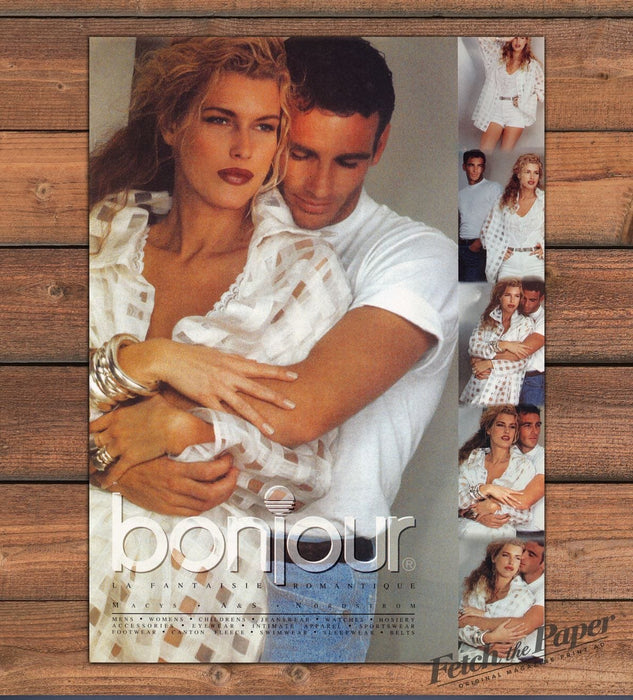 Bonjour Jeanswear Couple Embrace White Sheer Plaid Shirt Print Ad 1993 1990s