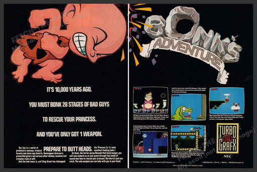 Bonk's Adventure Video Game 1990s Print Advertisement Ad (2 Page) 1990